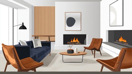 Fototapeta premium Contemporary Living Room Featuring Gray Blue Velvet Sofa Brown Leather Chairs Modern Fireplace And White Walls In Minimalist Design