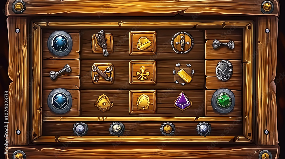 Poster A pirate game interface with a timber frame and buttons for gaming apps or casino slot games, featuring wooden UI adventure elements in an old-pirate-collection style