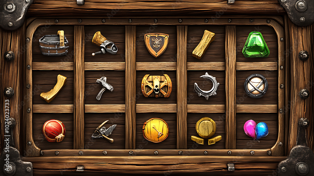 Poster A pirate game interface with a timber frame and buttons for gaming apps or casino slot games, featuring wooden UI adventure elements in an old-pirate-collection style