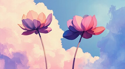 Naklejka premium Two Meter High Flowers Made Of Acrylic In Vivid Pink And Purple Against A Streaky Blue And Violet Sky With Fluffy Clouds