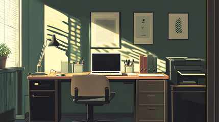 A vector illustration of a home office setup featuring a desk, chair, and laptop, with a desk lamp and printer stand