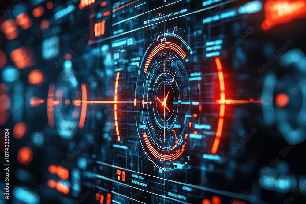 Poster Futuristic Interface with Glowing Circular Display and Red Crosshairs
