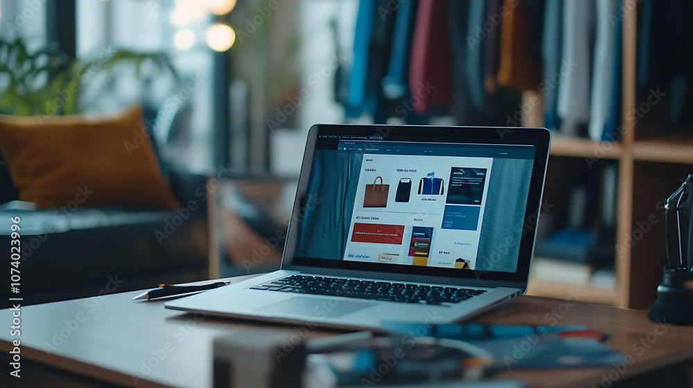 Aufkleber modern laptop displaying e-commerce solutions on the screen, symbolizing digital business growth and