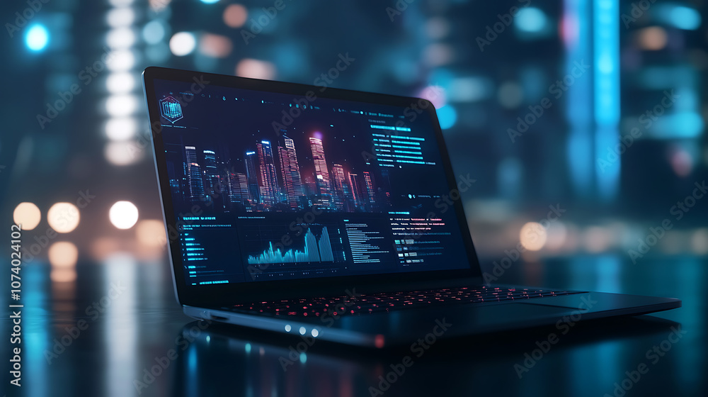 Aufkleber modern laptop displaying e-commerce solutions on the screen, symbolizing digital business growth and