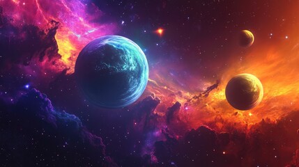 Abstract depiction of planets set against a cosmic background
