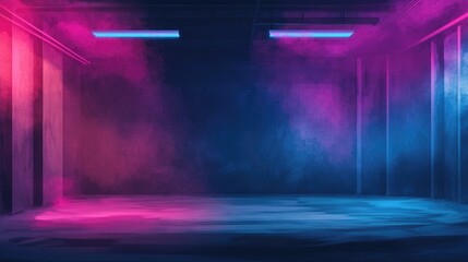 Naklejka premium Empty Dark Room With Neon Blue And Pink Lighting Smoke And Fog Concrete Floor And Walls Showcase Space Night Scene