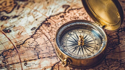 Antique Brass Compass on an Old World Map