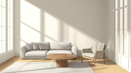 Fototapeta premium Staging An Empty Room In Soft Neutral Palette With Light Grey Sectional Sofa Round Wood Table Beige Armchair And Warm Wood Flooring