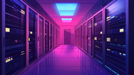 Fototapeta premium Digital Server Room Database Center Telecommunication Servers In A Technology Storage Vault Blue Neon Lighting Ai