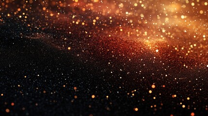 Abstract background featuring shiny glitter in black dark orange red and brown hues Includes twinkling star effects resembling a night sky or outer space with a textured rough surface