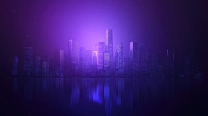 Fototapeta premium Silhouette Skyline Abstract Art Background Cosmic Lights Overlay On Cityscape Dark Skyscrapers On Purple Blue Nebula Celestial Theme