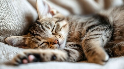 A tabby kitten sleeps soundly on a soft blanket, its paws tucked under its head.