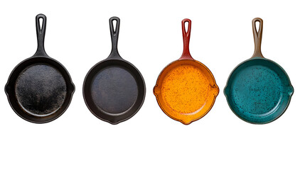Four cast iron skillets in black, gray, orange, and teal with speckled enamel finishes arranged in a row on a white background, isolated.