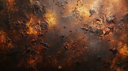 Heavily corroded steel surface with deep pitting and rich reddish-brown hues, flaking textures under soft, ambient lighting, giving an antique, worn appearance