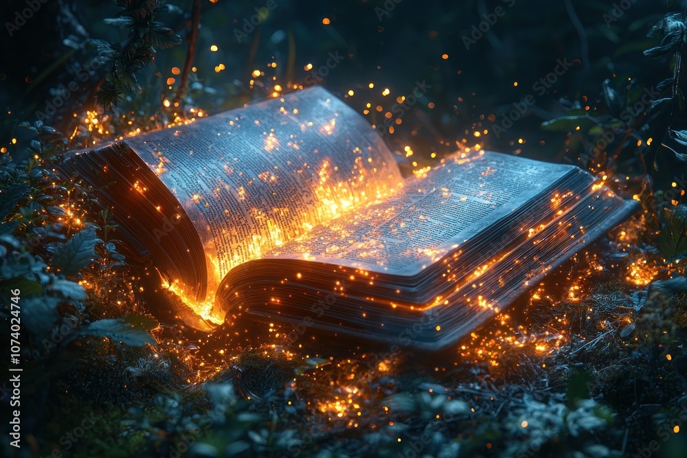 Aufkleber open book glowing with magic in a forest setting