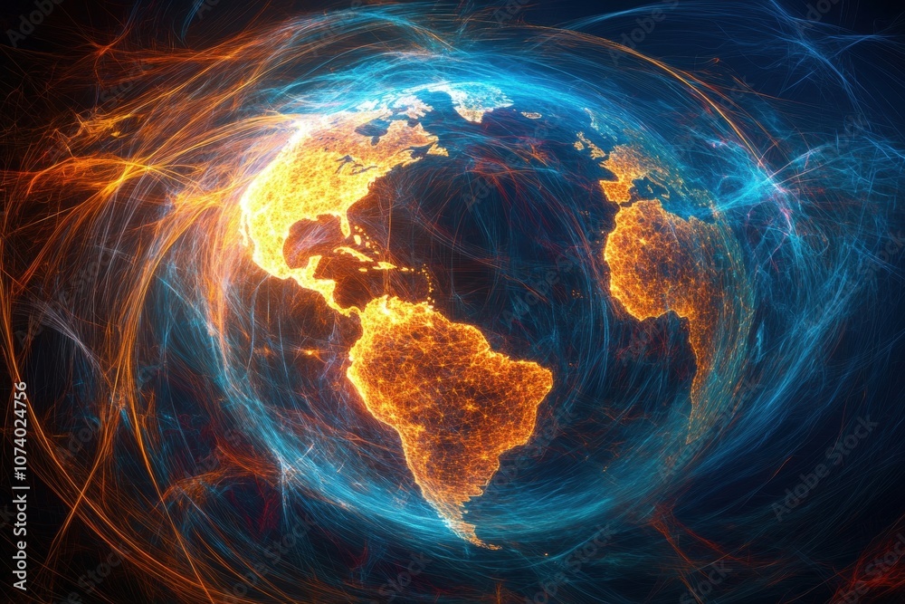 Wall mural planet earth glowing with interconnected lines representing global communication
