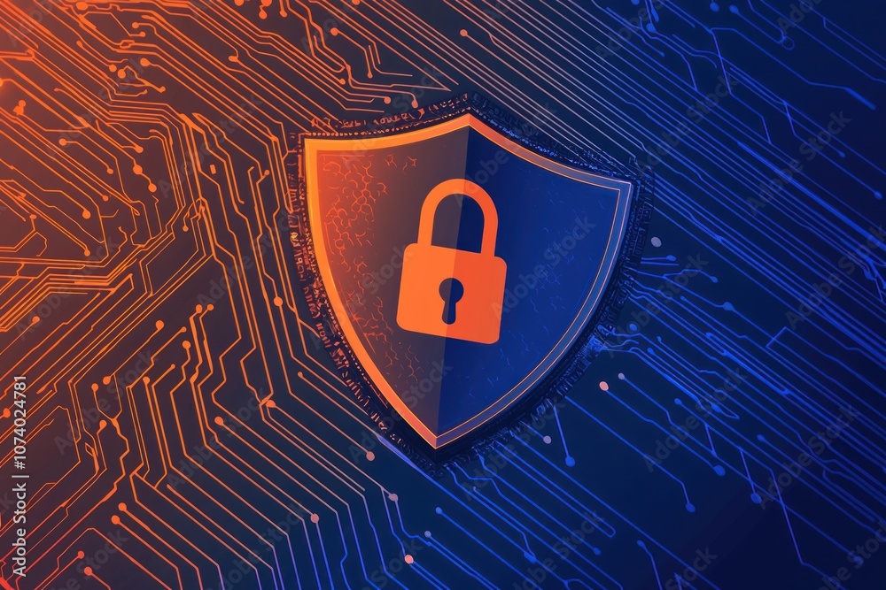 Poster A Cyber Security Shield with a Lock on a Circuit Board Background
