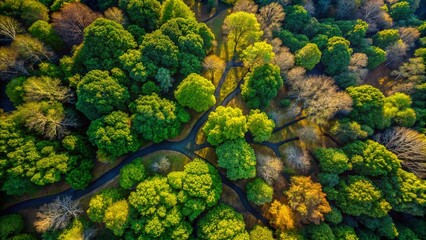 Aerial View Capturing the Intricate and Attractive Shadow Patterns of Tree Branches on the Ground Surrounded by Lush Greenery in a Sunlit Forest Setting