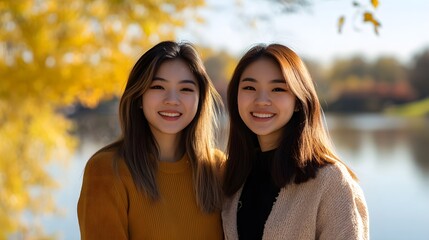 Obraz premium Two Asian women are posing for a picture in front of lake