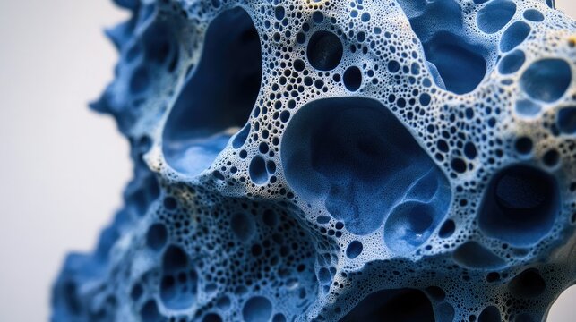 Close up of a blue foam structure showcasing intricate details and textures