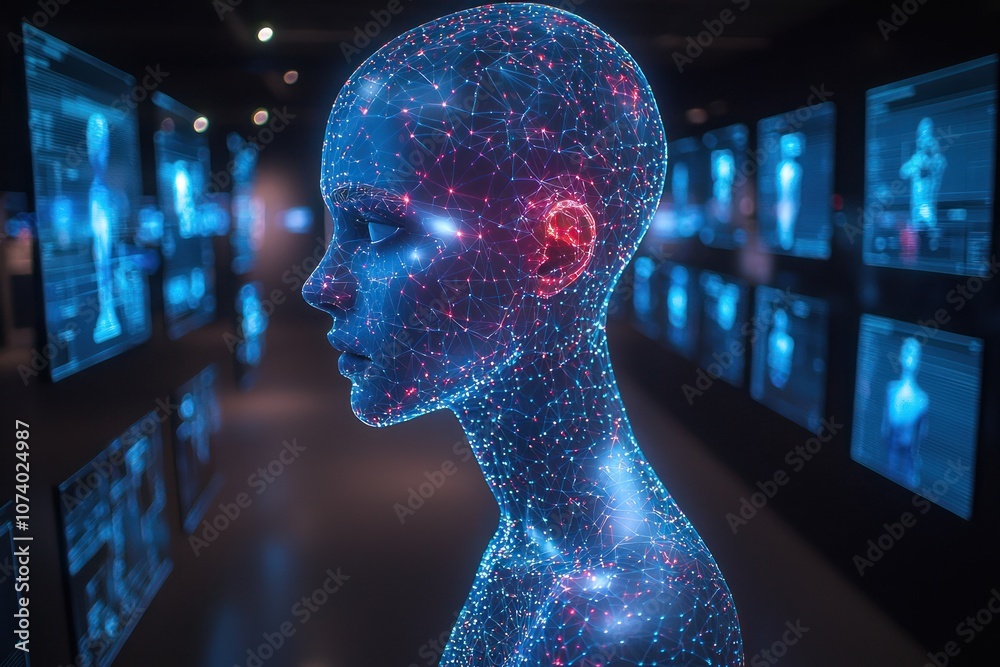 Aufkleber digital human figure rendered with a network of glowing lines
