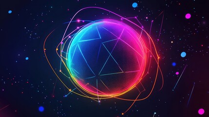 Cylindrical Sphere Surrounded By Laser Lines And Geometric Polygon Designs Neon Colors On A Black Background 3D Render Ai Generative