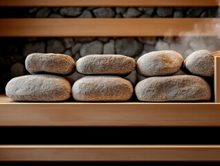 Sauna Close-Up with Textured Stones and Warm Steam Atmosphere