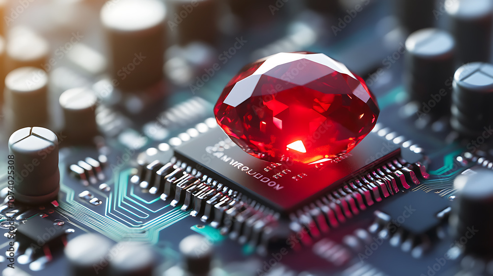 Fototapete Ruby on Rails programming concept with a ruby stone placed on a microchip, symbolizing the integration of the Ruby programming language with technology