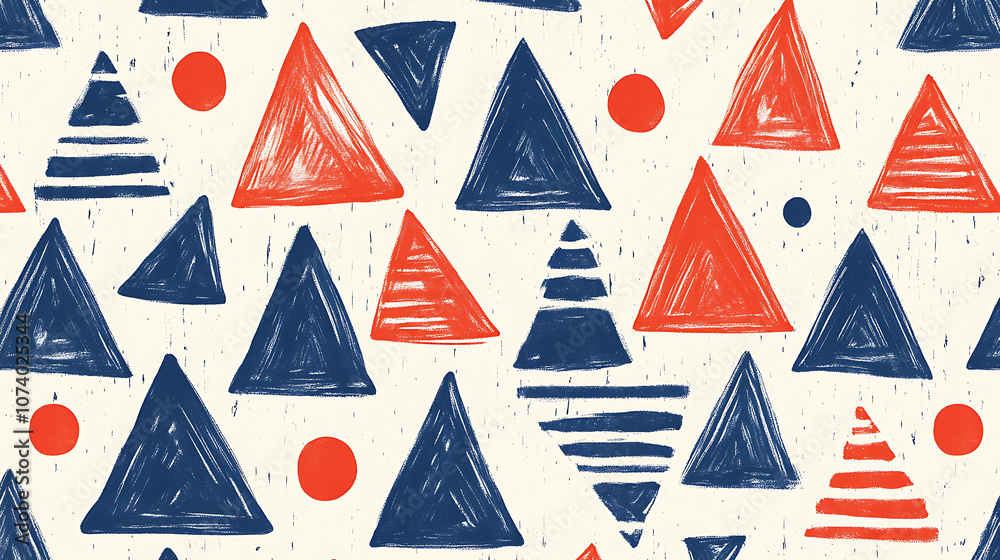 Aufkleber blue and white pattern with red triangles, stripes and dots in a geometric style