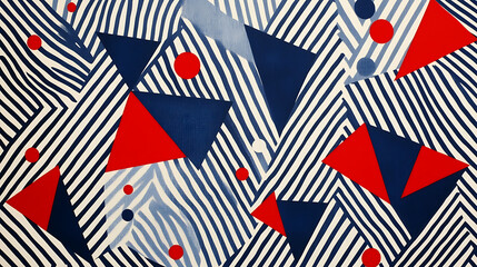 Blue and white pattern with red triangles, stripes and dots in a geometric style