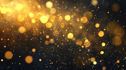 Fototapeta premium Realistic Golden Dust Particles Blowing Yellow Glow Shimmering Holiday Backdrop With Sparkling Golden Elements On Black Background