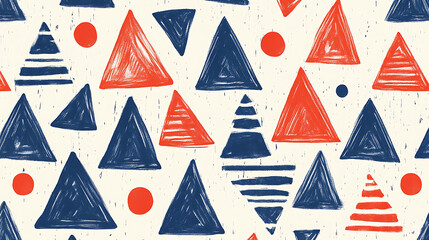 Blue and white pattern with red triangles, stripes and dots in a geometric style