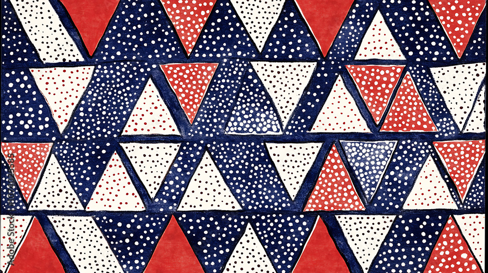 Aufkleber blue and white pattern with red triangles, stripes and dots in a geometric style