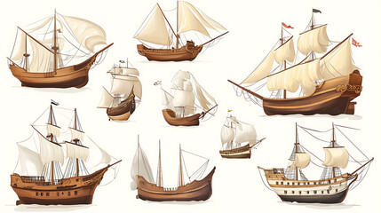 Cartoon illustrations of old wooden ships, including a sailing ship, wind sail boat, pirate frigate, warship, longboat, schooner, traditional sailboat, sea galleon, and more