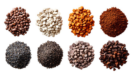 Collection of eight different types of seeds and granules arranged in a row on a white background isolated and ready for a mockup or design project.
