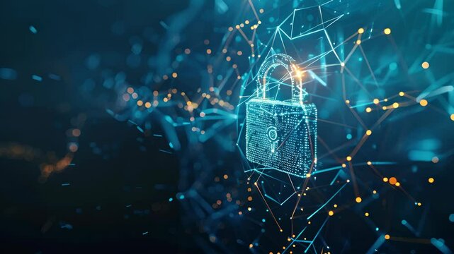 A blue and orange image of a lock with a key. The lock is surrounded by a web of lines and dots. Concept of security and protection, as the lock is a symbol of safety and the key represents access