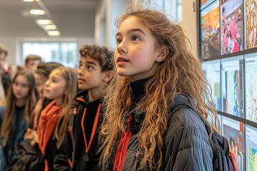 Fototapeta premium A Girl in a Black Jacket with Long Curly Hair Looking at a Display