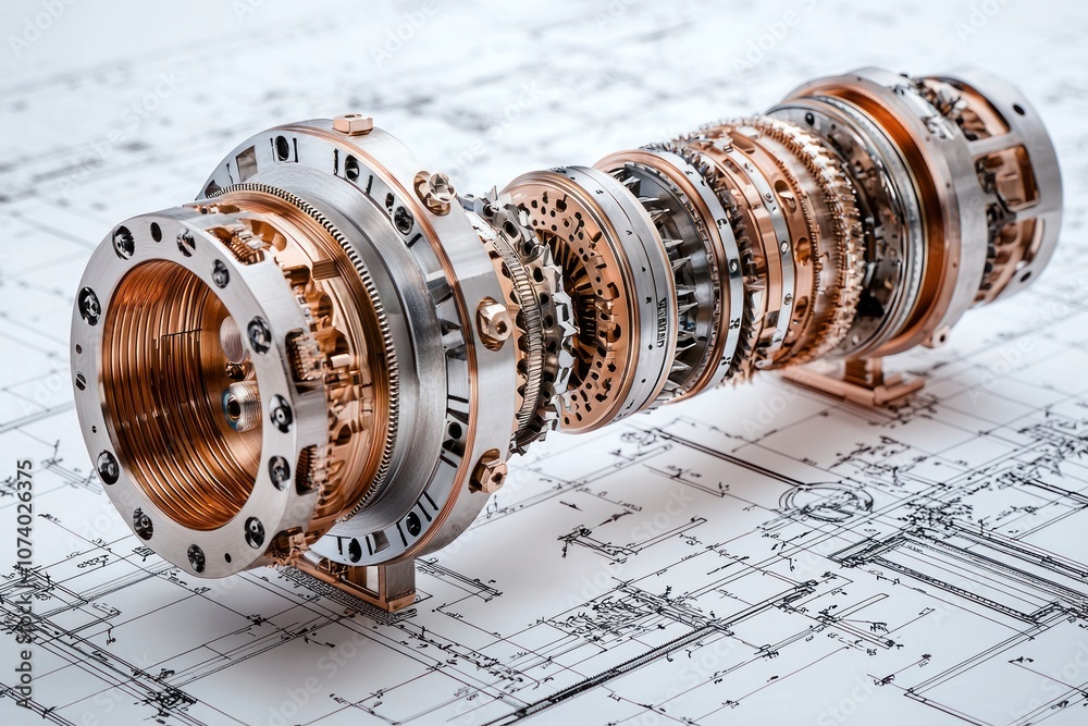 Poster Precision Engineered Metallic Mechanism on Architectural Blueprint