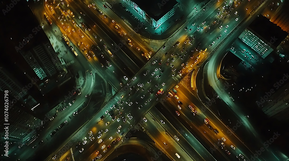 Aufkleber aerial night view of busy highway intersection in modern city expressway top view