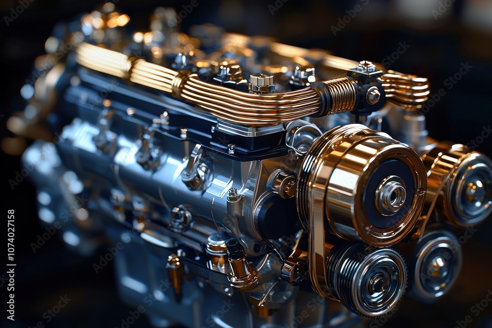 Aufkleber close-up of a shiny engine with golden components