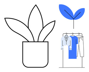 Potted plant with three leaves, single growing leaf, clothing rack featuring shirts and pants. Ideal for home decor, nature themes, plant shops, fashion, apparel stores, minimalism interior design