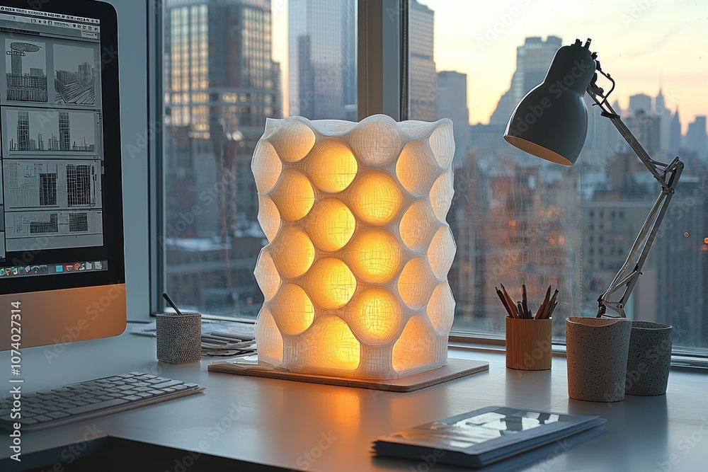 Poster Illuminated White Geometric Lamp on a Desk with a City View