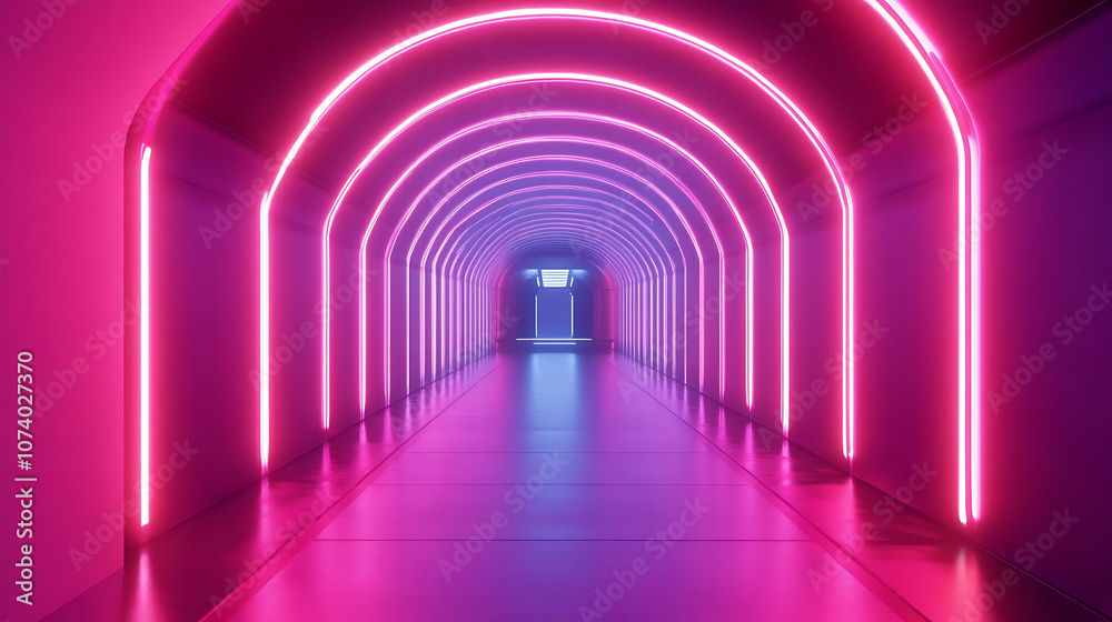 Poster futuristic sci-fi corridor with neon lighting in a spaceship