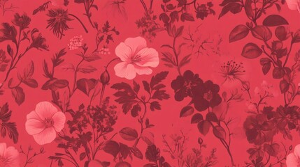 Vintage Floral Wallpaper Fabric Design Texture With Red And Pink Background Renaissance Pattern And Botanical Elements