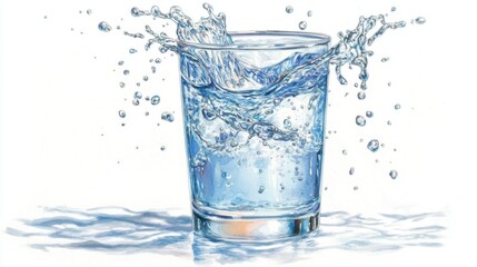 High-speed close-up of water splash with droplets floating around a glass, pure white background