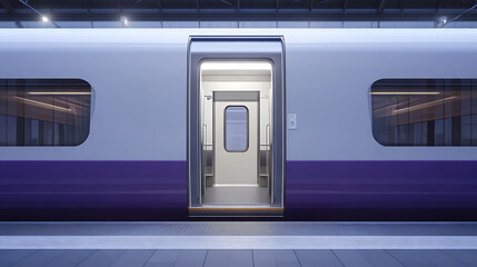 High-speed train door opens, white and purple exterior, simple background with empty platform