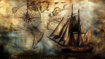 Fototapeta premium Historical background featuring an old sailboat, a compass, and an ancient map, symbolizing sea voyages, discoveries, pirates, sailors, geography, and history