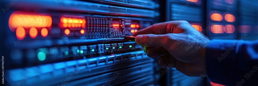 Poster a hand reaching for a server rack in a data center
