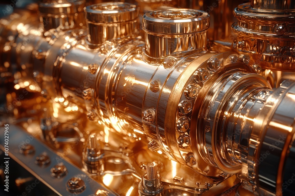 Poster close-up of a gold-plated mechanical system with multiple pipes and bolts