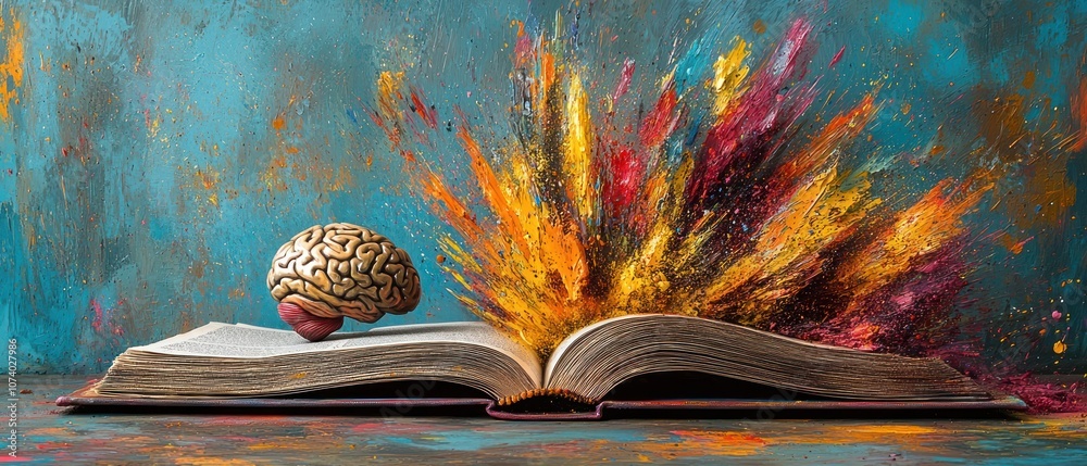 Aufkleber an open book with a human brain on top, surrounded by abstract colors
